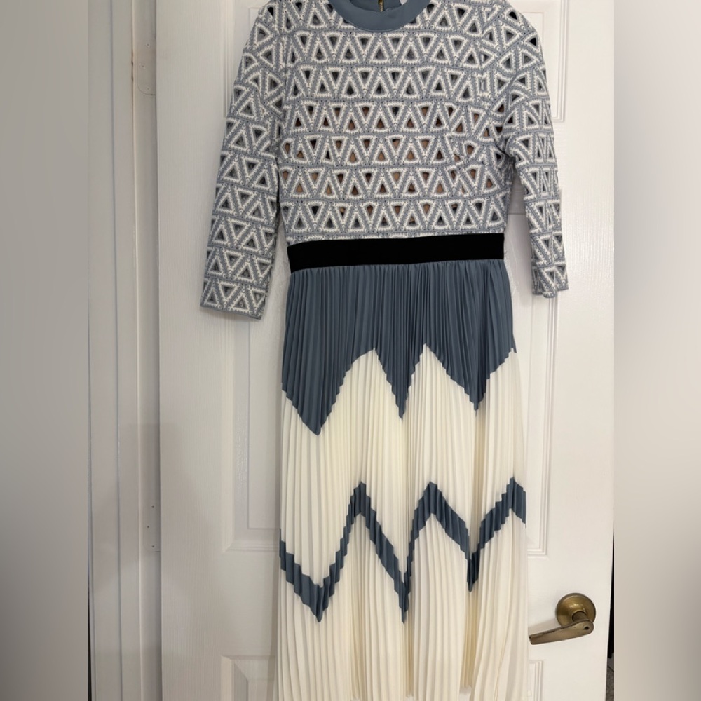 Geometric Patterned Midi Dress - Blue and Cream